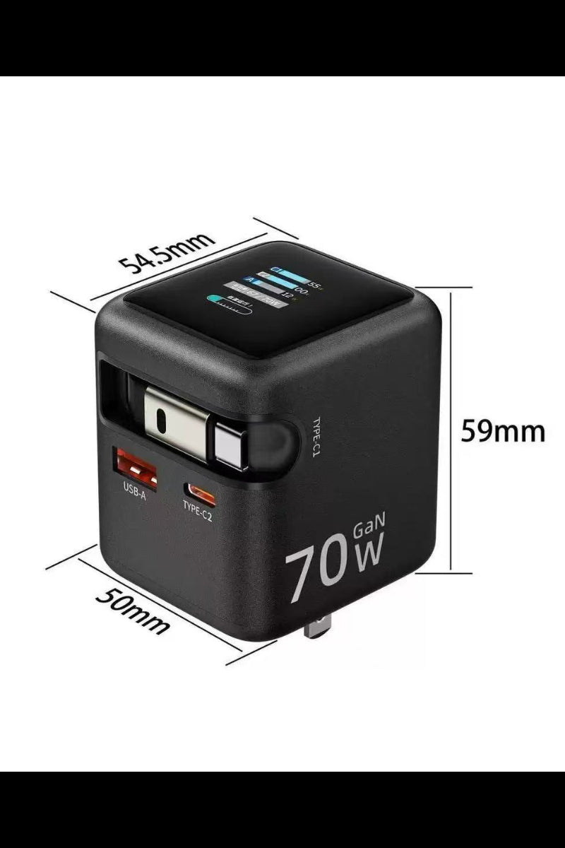TFT Wall Charger, PD 70W Built-in USB-C Cable