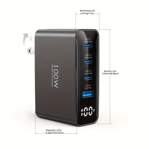 100W GaN USB C Charger, Multi-plug 4-Port Compact Foldable Fast Laptop Charger Power Adapter for MacBook Pro/Air, iPad Pro, iPhone 17/16/15 Series, Galaxy S25/S24, Pixel 10/9, Steam Deck, Pixelbook