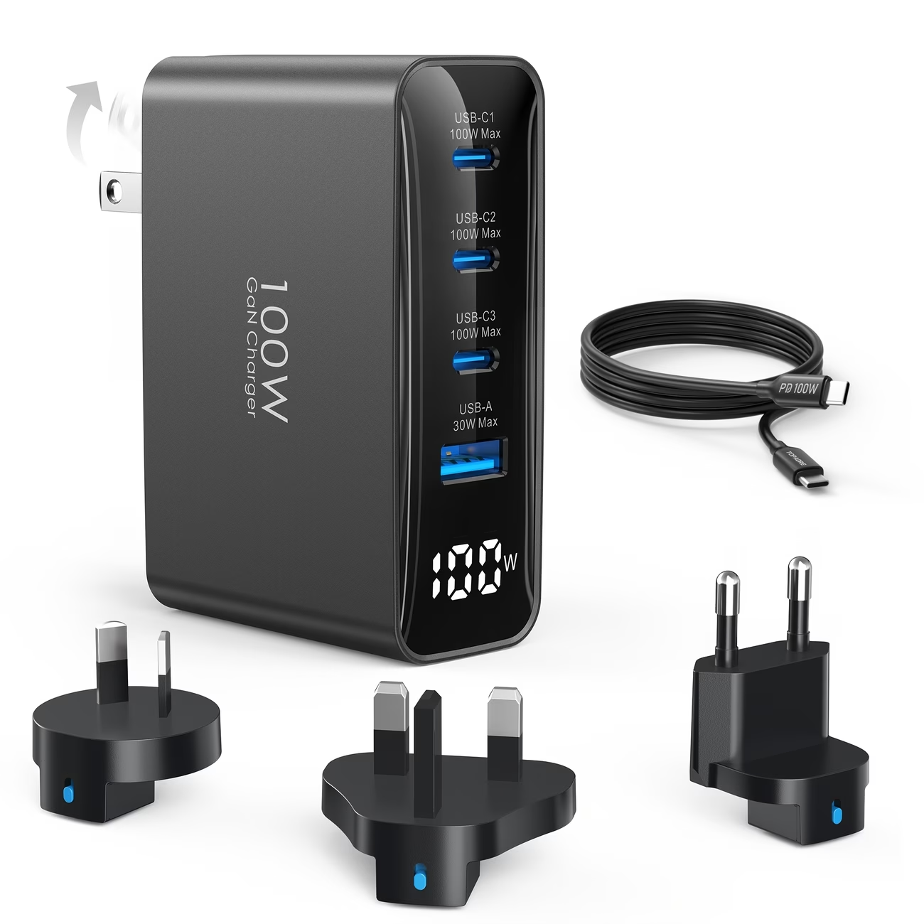 100W GaN USB C Charger, Multi-plug 4-Port Compact Foldable Fast Laptop Charger Power Adapter for MacBook Pro/Air, iPad Pro, iPhone 17/16/15 Series, Galaxy S25/S24, Pixel 10/9, Steam Deck, Pixelbook