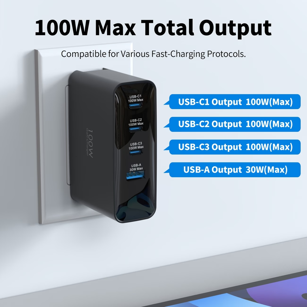 100W GaN USB C Charger, Multi-plug 4-Port Compact Foldable Fast Laptop Charger Power Adapter for MacBook Pro/Air, iPad Pro, iPhone 17/16/15 Series, Galaxy S25/S24, Pixel 10/9, Steam Deck, Pixelbook