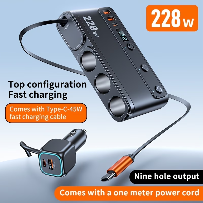 9 in 1 Cigarette Lighter Adapter, 228W 3 Socket Cigarette Lighter Splitter with Retractable Car Charger, PD45W/QC 3.0 * 2 Charge, 12V/24V Individual Switches for Car Devices