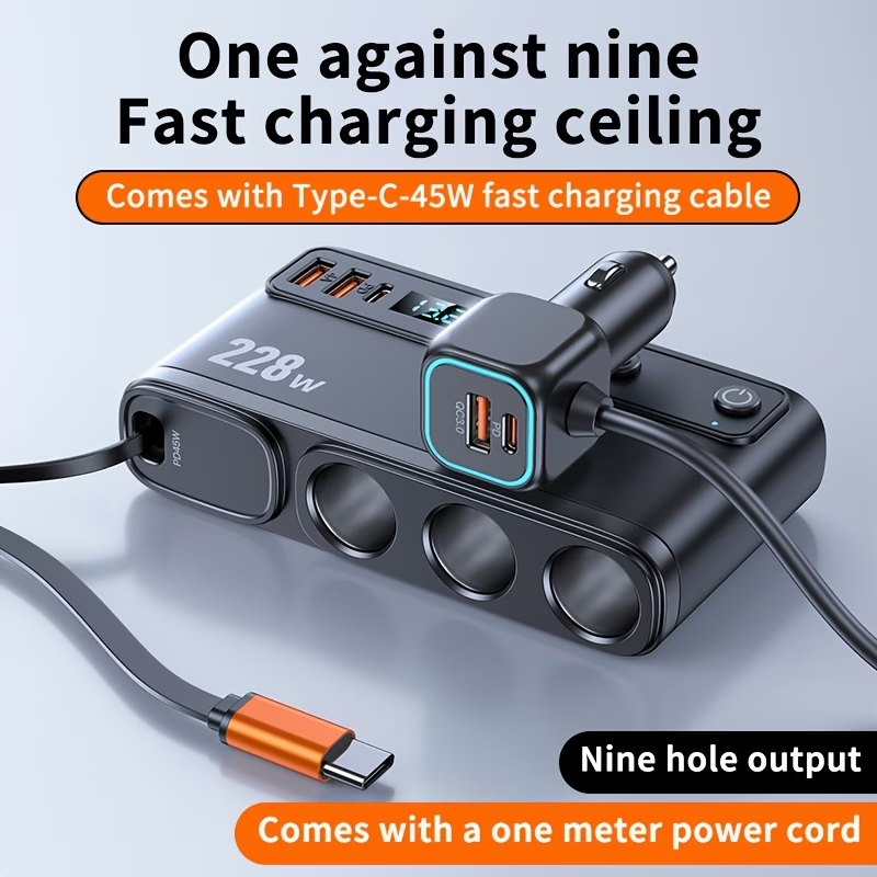 9 in 1 Cigarette Lighter Adapter, 228W 3 Socket Cigarette Lighter Splitter with Retractable Car Charger, PD45W/QC 3.0 * 2 Charge, 12V/24V Individual Switches for Car Devices