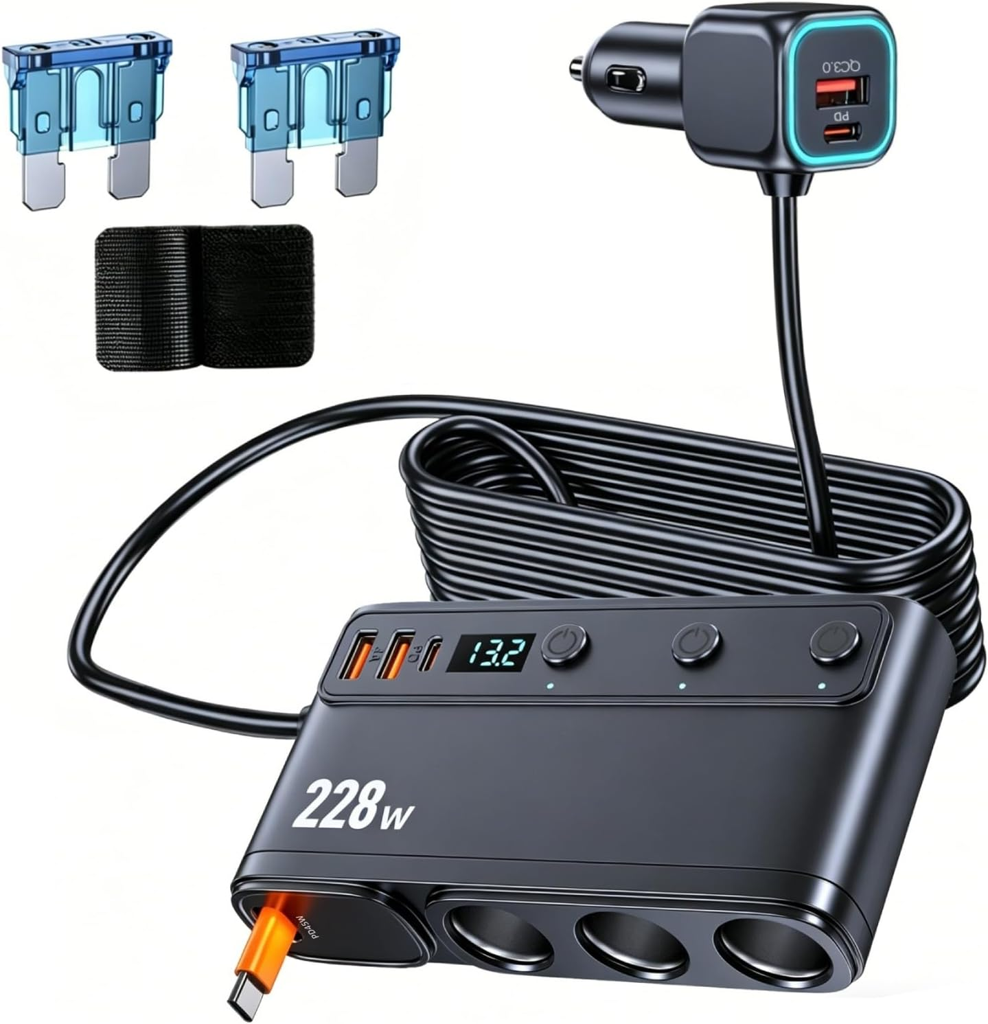 9 in 1 Cigarette Lighter Adapter, 228W 3 Socket Cigarette Lighter Splitter with Retractable Car Charger, PD45W/QC 3.0 * 2 Charge, 12V/24V Individual Switches for Car Devices