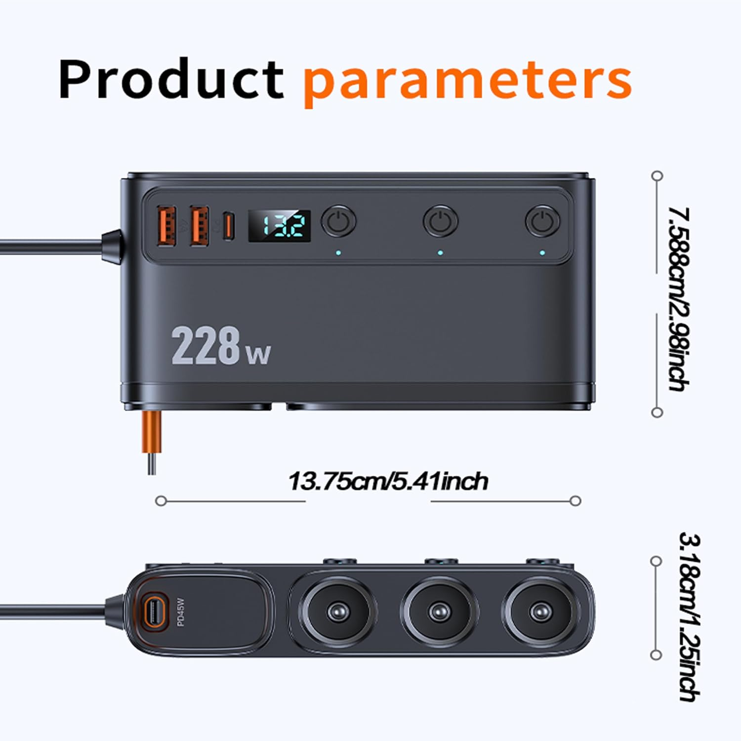 9 in 1 Cigarette Lighter Adapter, 228W 3 Socket Cigarette Lighter Splitter with Retractable Car Charger, PD45W/QC 3.0 * 2 Charge, 12V/24V Individual Switches for Car Devices