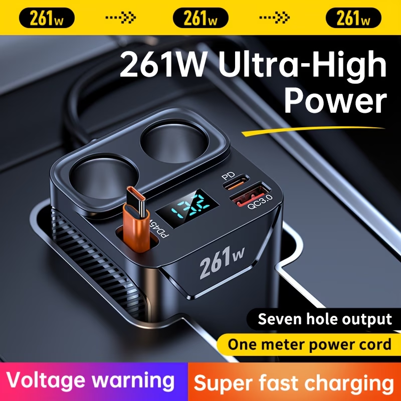 261W Retractable Car Charger, multi-ports car charger, 7-in-1 expansion port with retractable 45W Type-C fast charging cable, 2 car sockets (total power 110W), 2 PD 45W + 35W fast-charging heads, voltage display screen, safe and smart car charger