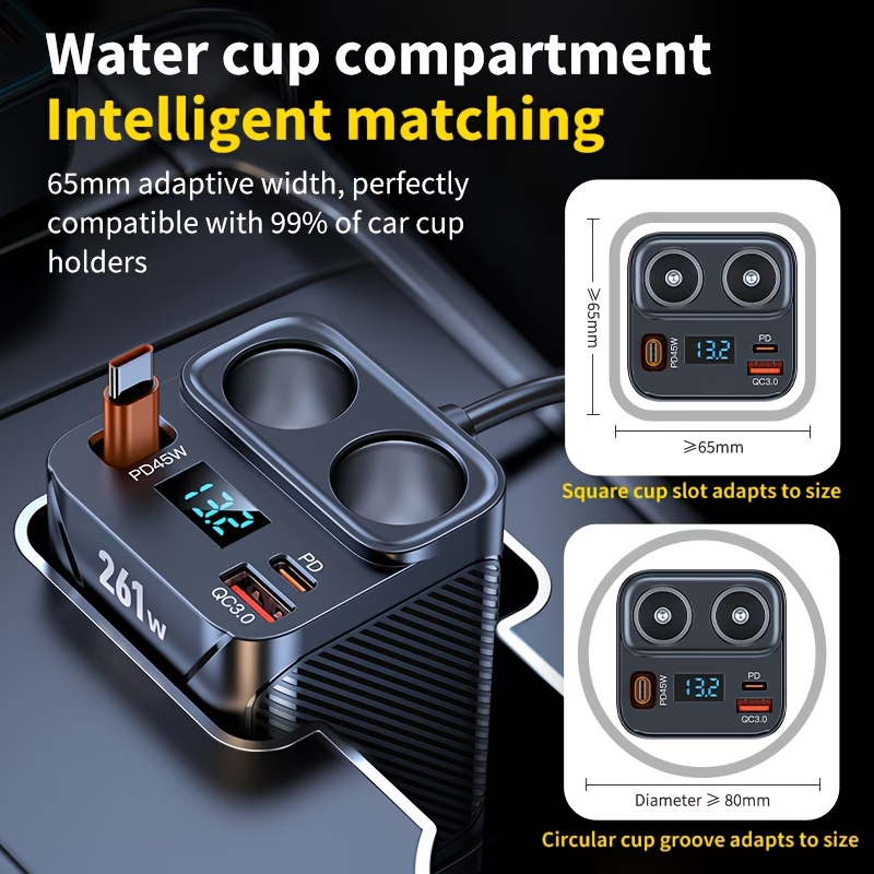 261W Retractable Car Charger, multi-ports car charger, 7-in-1 expansion port with retractable 45W Type-C fast charging cable, 2 car sockets (total power 110W), 2 PD 45W + 35W fast-charging heads, voltage display screen, safe and smart car charger