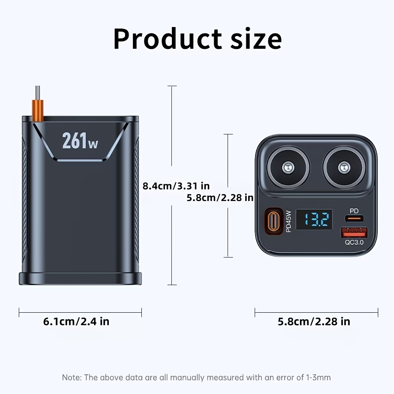 261W Retractable Car Charger, multi-ports car charger, 7-in-1 expansion port with retractable 45W Type-C fast charging cable, 2 car sockets (total power 110W), 2 PD 45W + 35W fast-charging heads, voltage display screen, safe and smart car charger