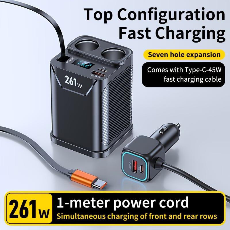 261W Retractable Car Charger, multi-ports car charger, 7-in-1 expansion port with retractable 45W Type-C fast charging cable, 2 car sockets (total power 110W), 2 PD 45W + 35W fast-charging heads, voltage display screen, safe and smart car charger
