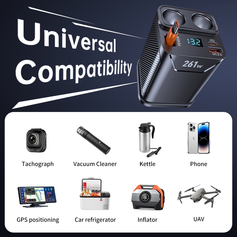 261W Retractable Car Charger, multi-ports car charger, 7-in-1 expansion port with retractable 45W Type-C fast charging cable, 2 car sockets (total power 110W), 2 PD 45W + 35W fast-charging heads, voltage display screen, safe and smart car charger