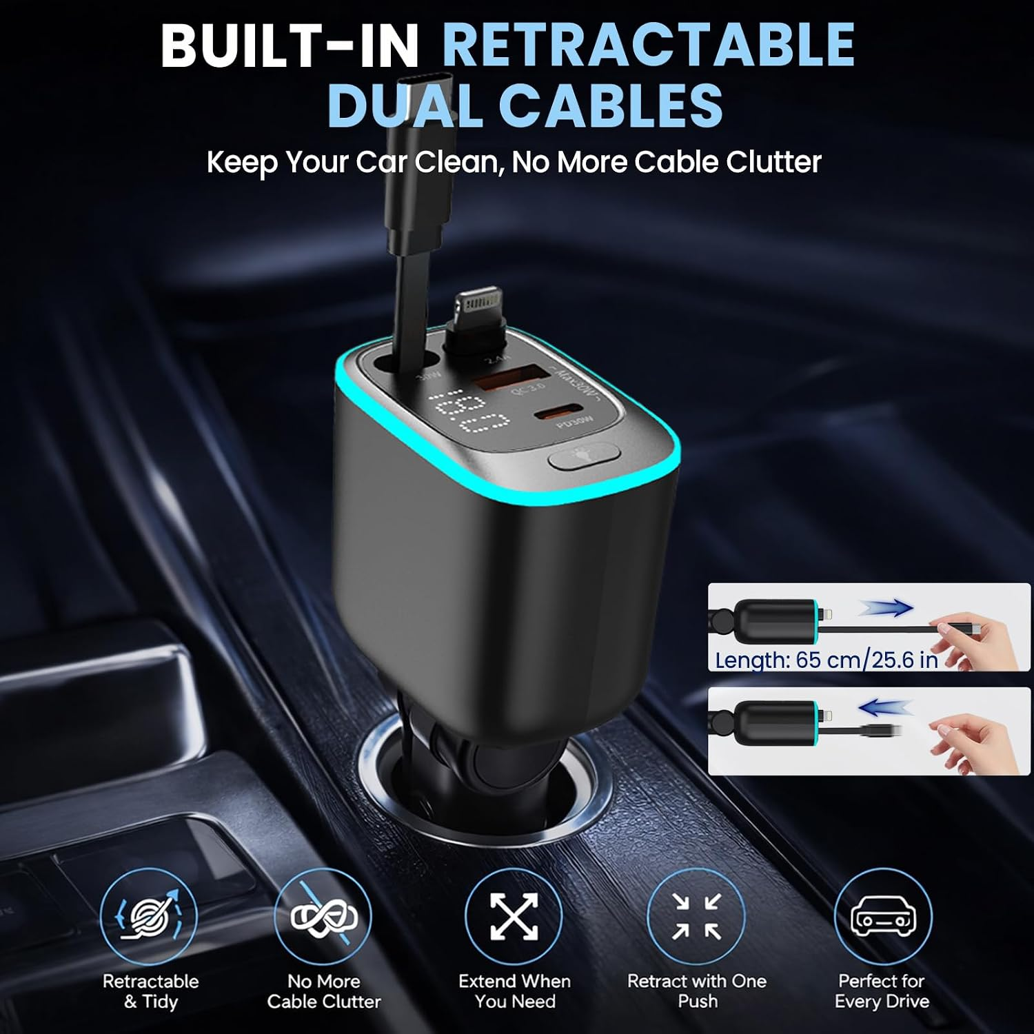 Retractable Car Charger, 4 in 1 Fast Charging Car Charger with USB-C & USB-A, Compatible with iPhone 17/16/15/14/13/12/11,Galaxy,Pixel,Car Accessories Gifts for Fathers Day,Husband,Men,Dad