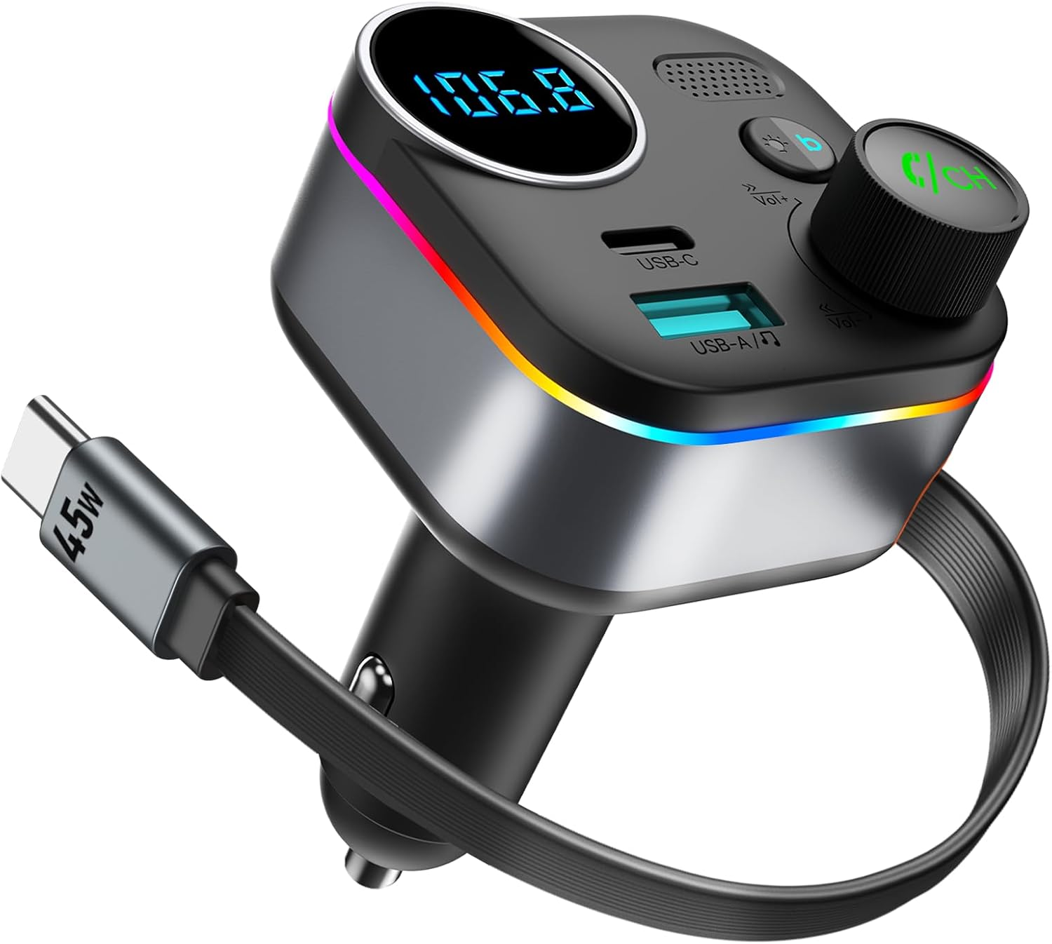 Bluetooth 5.4 FM Transmitter for Car, 72W Fast Car Charger with 45W Retractable USB-C Cable, RGB, Hands-Free Calling, Deep Bass, LED Display, USB Drive Music Player for Older Cars & Trucks