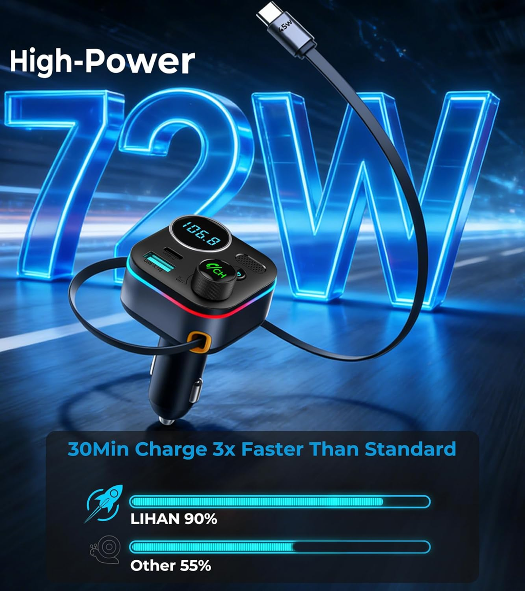 Bluetooth 5.4 FM Transmitter for Car, 72W Fast Car Charger with 45W Retractable USB-C Cable, RGB, Hands-Free Calling, Deep Bass, LED Display, USB Drive Music Player for Older Cars & Trucks