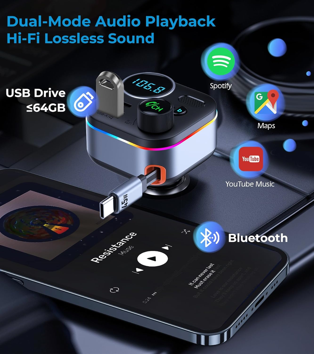Bluetooth 5.4 FM Transmitter for Car, 72W Fast Car Charger with 45W Retractable USB-C Cable, RGB, Hands-Free Calling, Deep Bass, LED Display, USB Drive Music Player for Older Cars & Trucks
