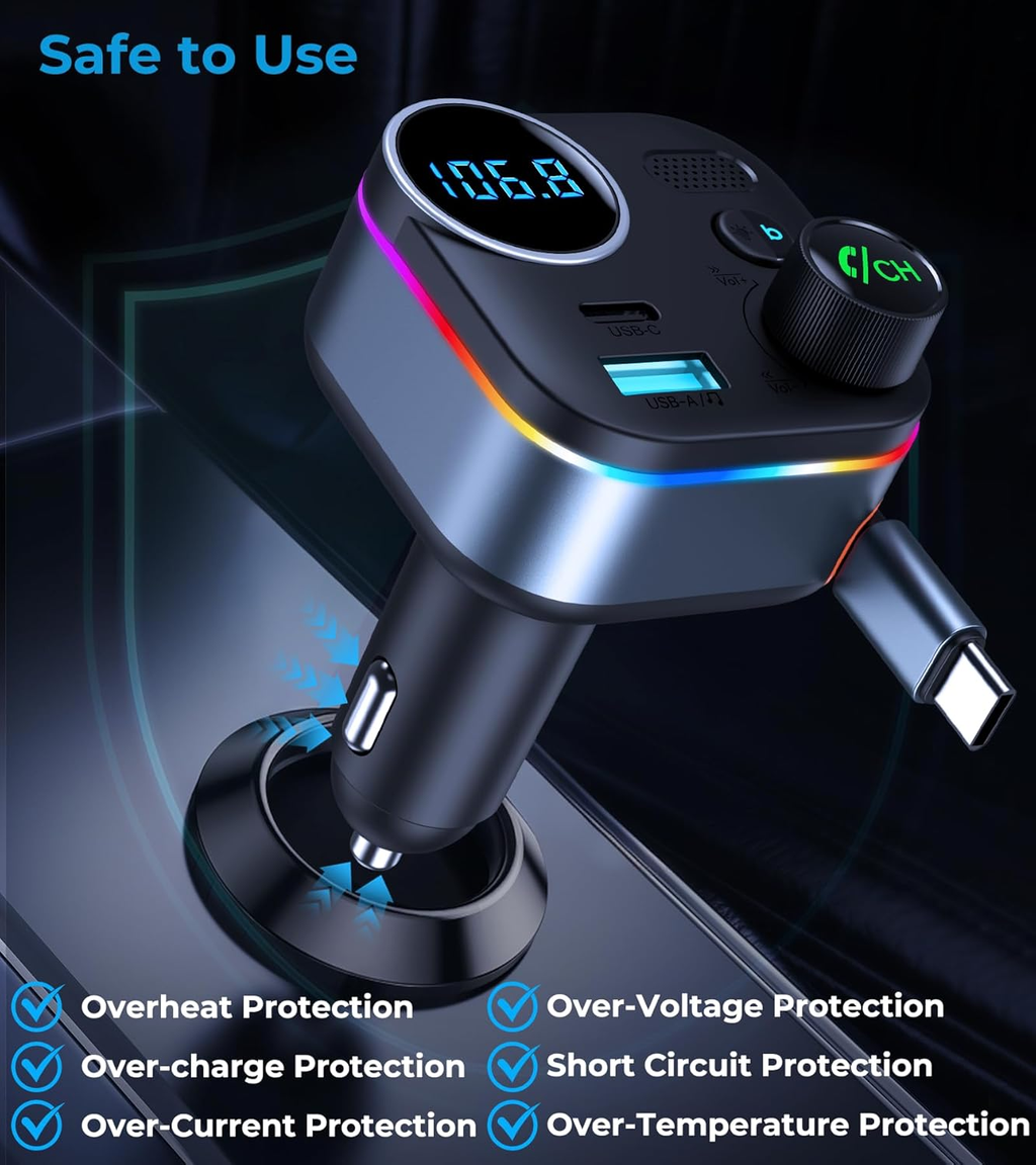 Bluetooth 5.4 FM Transmitter for Car, 72W Fast Car Charger with 45W Retractable USB-C Cable, RGB, Hands-Free Calling, Deep Bass, LED Display, USB Drive Music Player for Older Cars & Trucks