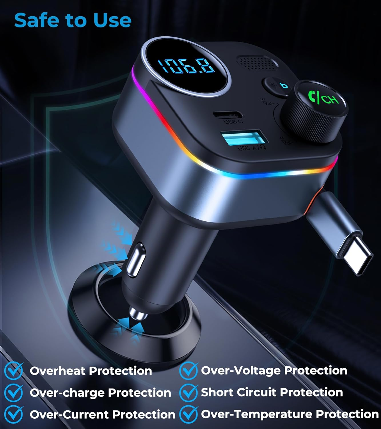 Bluetooth 5.4 FM Transmitter for Car, 72W Fast Car Charger with 45W Retractable USB-C Cable, RGB, Hands-Free Calling, Deep Bass, LED Display, USB Drive Music Player for Older Cars & Trucks