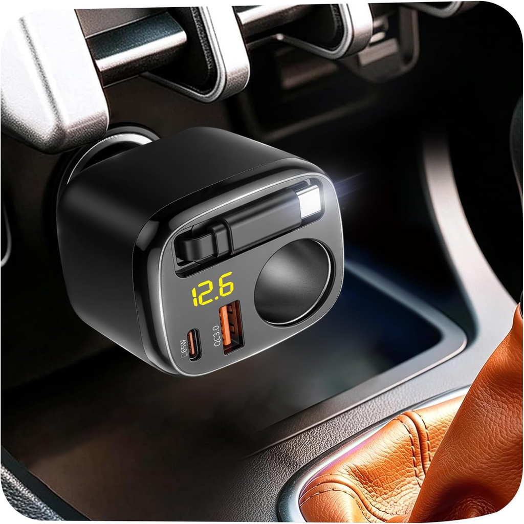 215W Retractable Car Charger USB C, 65W PD Laptop Fast Charging, 4-in-1 Cigarette Lighter Splitter with Extra Socket, Car Adapter for iPhone 17/16 Pro Max, Galaxy S26, MacBook, Dash