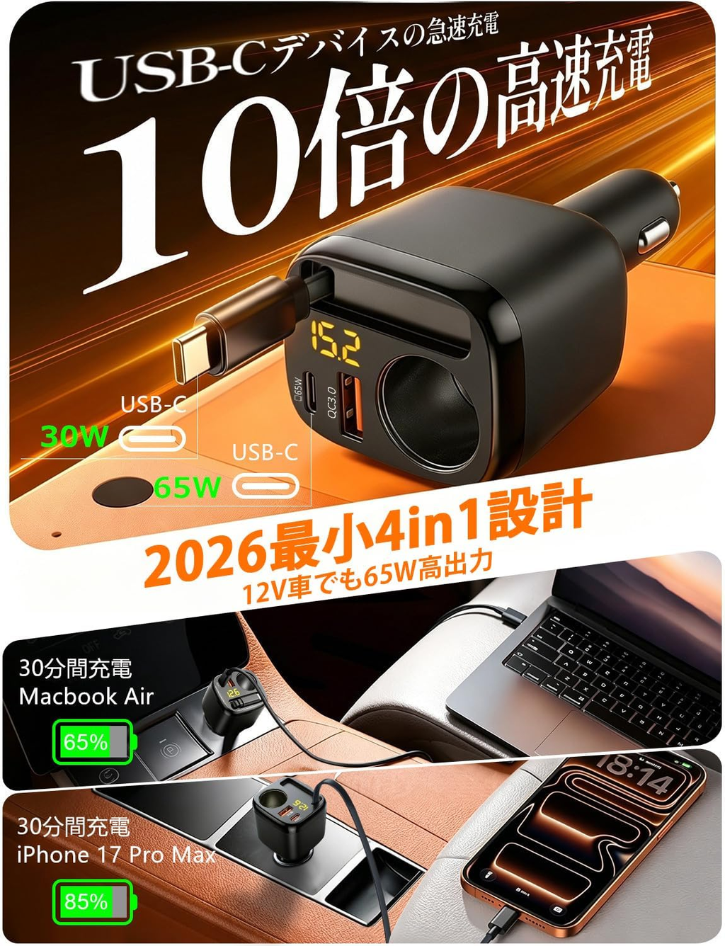 215W Retractable Car Charger USB C, 65W PD Laptop Fast Charging, 4-in-1 Cigarette Lighter Splitter with Extra Socket, Car Adapter for iPhone 17/16 Pro Max, Galaxy S26, MacBook, Dash