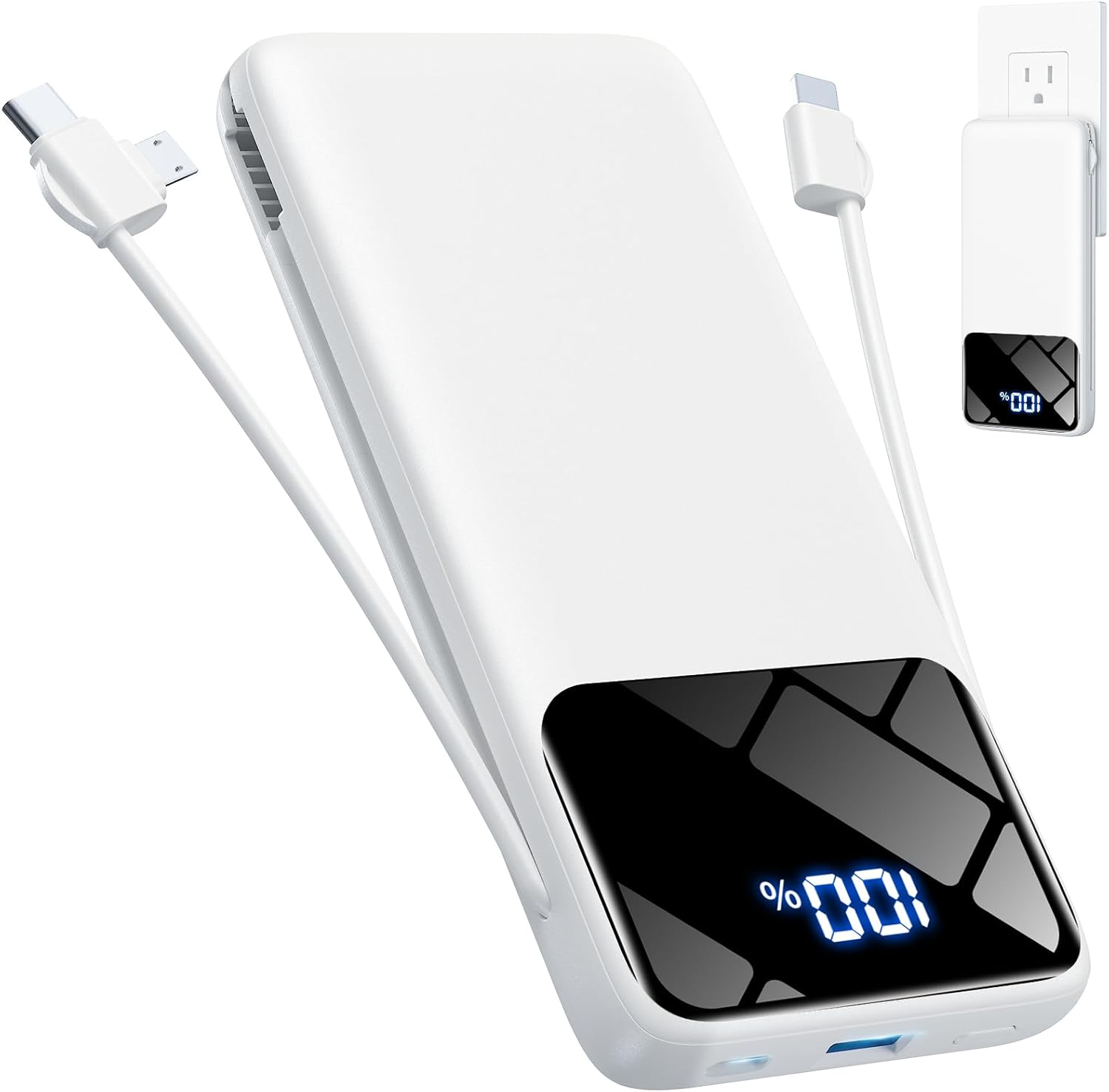 Portable Charger 10000mAh Power Bank with Built-in Cables and Wall Plug, Slim Fast Charging USB-C Battery Pack, Travel Essential Portable Phone Charger Compatible with iPhone, Samsung
