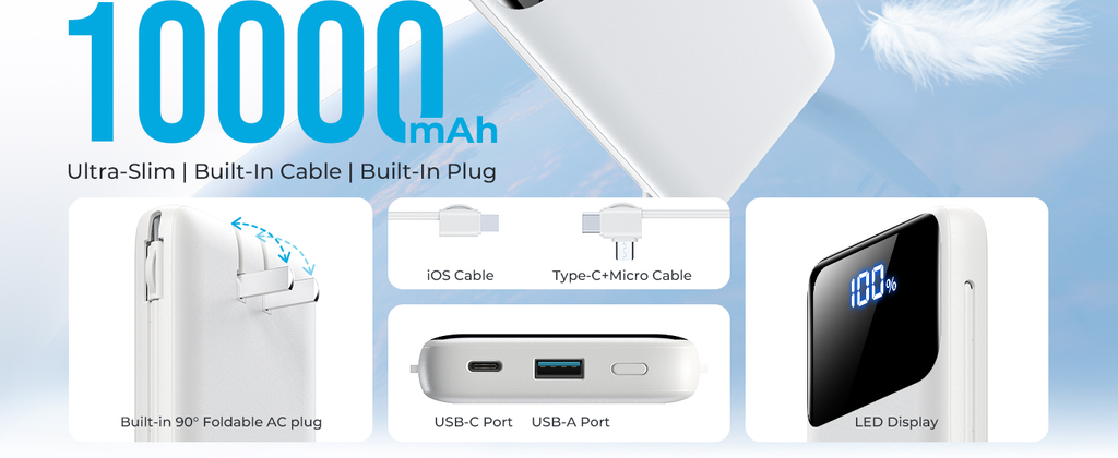 Portable Charger 10000mAh Power Bank with Built-in Cables and Wall Plug, Slim Fast Charging USB-C Battery Pack, Travel Essential Portable Phone Charger Compatible with iPhone, Samsung
