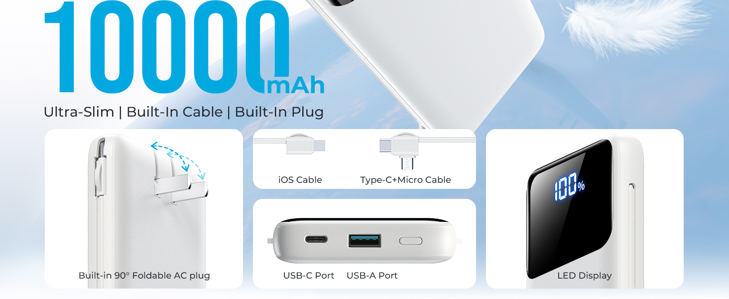 Portable Charger 10000mAh Power Bank with Built-in Cables and Wall Plug, Slim Fast Charging USB-C Battery Pack, Travel Essential Portable Phone Charger Compatible with iPhone, Samsung