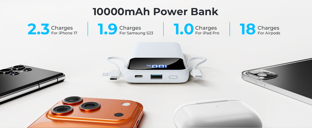 Portable Charger 10000mAh Power Bank with Built-in Cables and Wall Plug, Slim Fast Charging USB-C Battery Pack, Travel Essential Portable Phone Charger Compatible with iPhone, Samsung