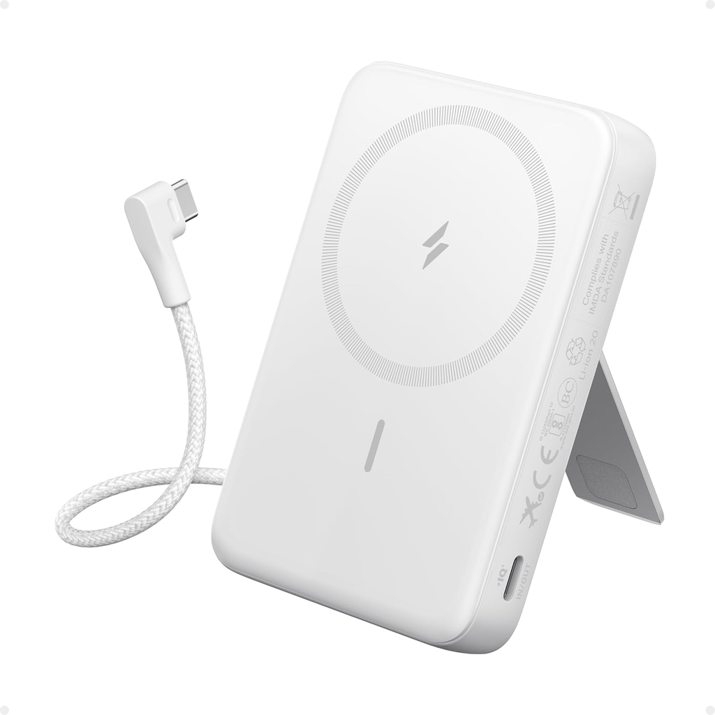Magnetic Power Bank, 10,000mAh Wireless Portable Charger with 30W Max Fast Charging, Battery Pack with Built-in USB-C Cable and Adjustable Stand, for iPhone 17/16/15 Series, AirPods etc