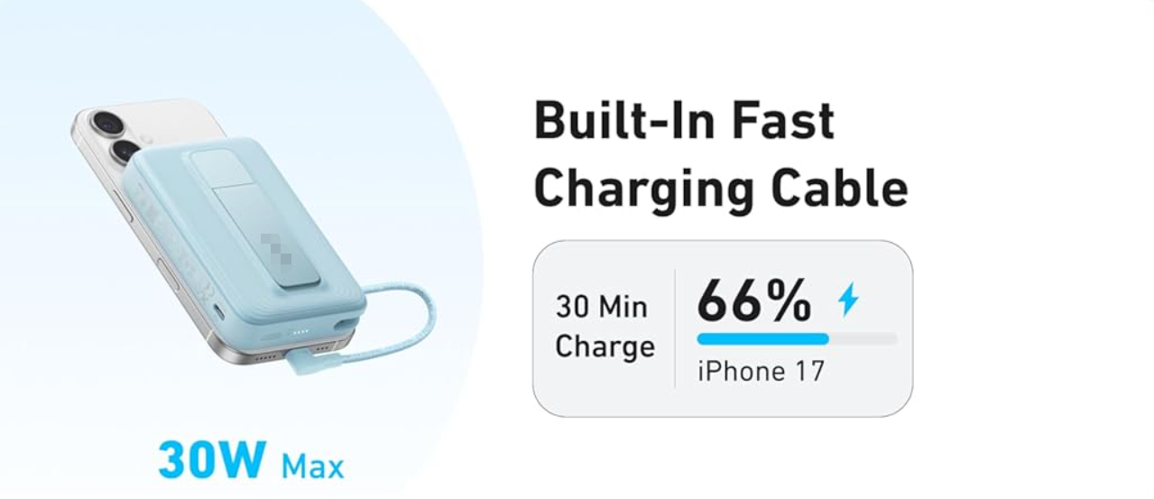 Magnetic Power Bank, 10,000mAh Wireless Portable Charger with 30W Max Fast Charging, Battery Pack with Built-in USB-C Cable and Adjustable Stand, for iPhone 17/16/15 Series, AirPods etc