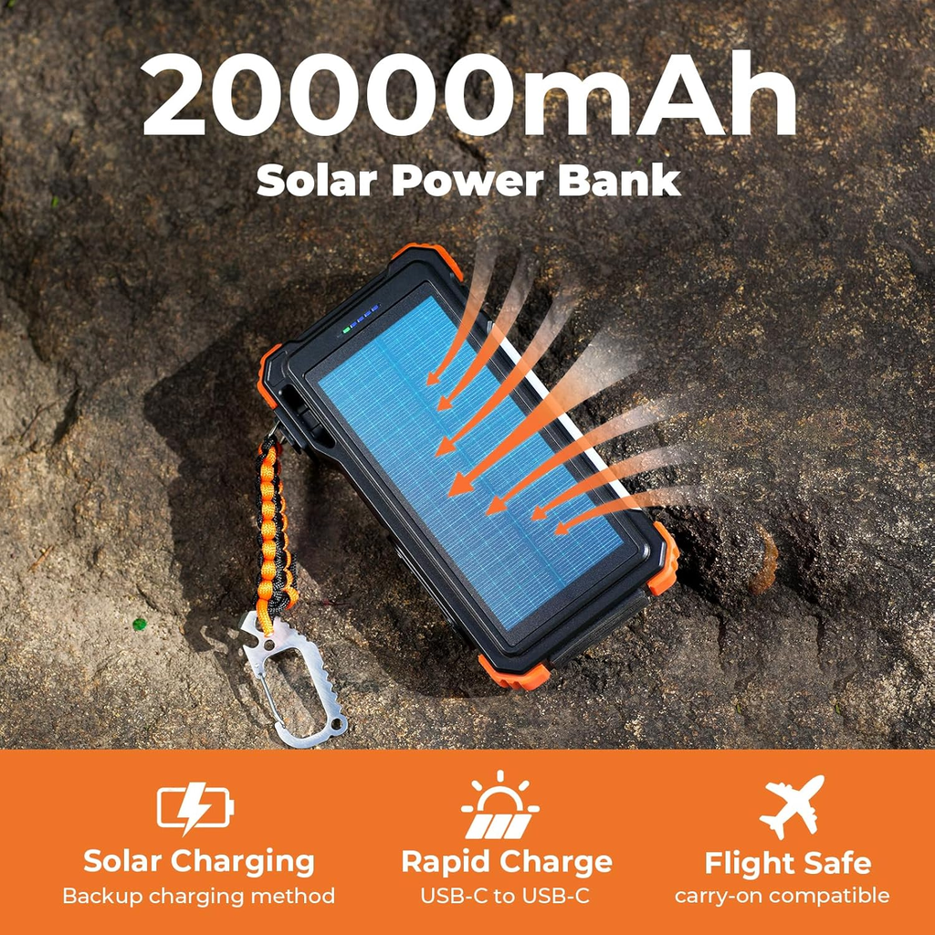 Solar Power Bank 20000mAh Built-in Cables, Wireless Charger for Phones & Apple Watch, 20W Fast Charging Battery Pack with USB C, Flashlight, Solar Charger for iPhone, iPad, iWatch, Samsung