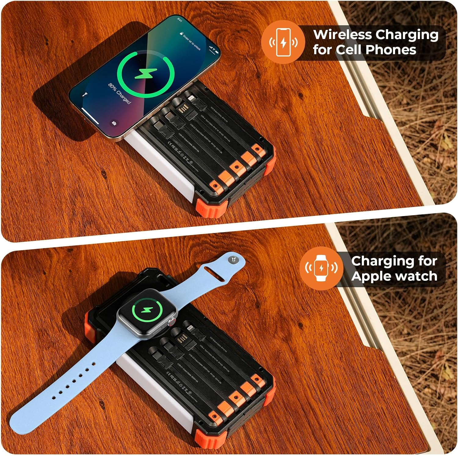 Solar Power Bank 20000mAh Built-in Cables, Wireless Charger for Phones & Apple Watch, 20W Fast Charging Battery Pack with USB C, Flashlight, Solar Charger for iPhone, iPad, iWatch, Samsung