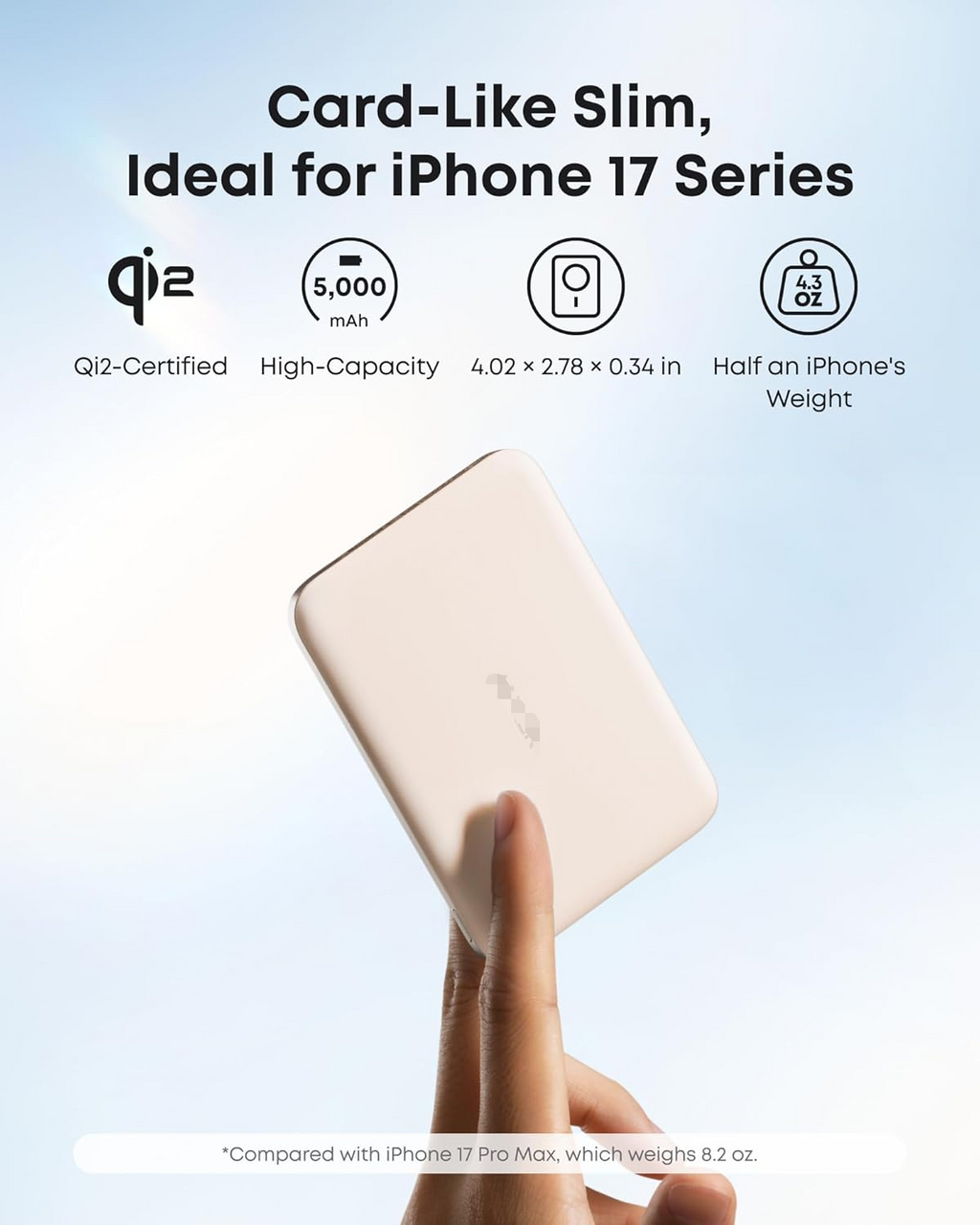 MagSafe Portable Charger, Ultra-Slim 5,000mAh Magnetic Wireless Power Bank, Qi2-Certified 15W Max, Compact for Travel, Ergonomic Design, for iPhone 17/16 Series, and More