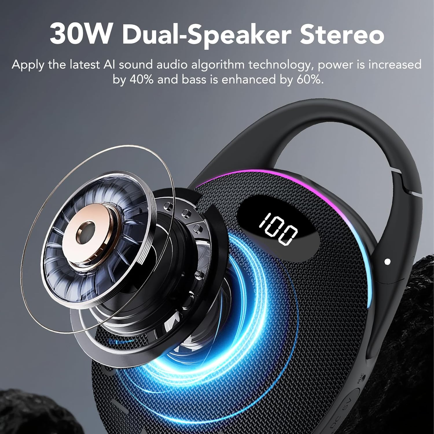 Portable Mini Bluetooth Speaker with HD Sound, LED Power Display, Big Pro Sound with Punchy Bass,Integrated Carabiner, 25H Playtime, Colorful RGB Lights, TWS pairing,Outdoor/Party/Travel