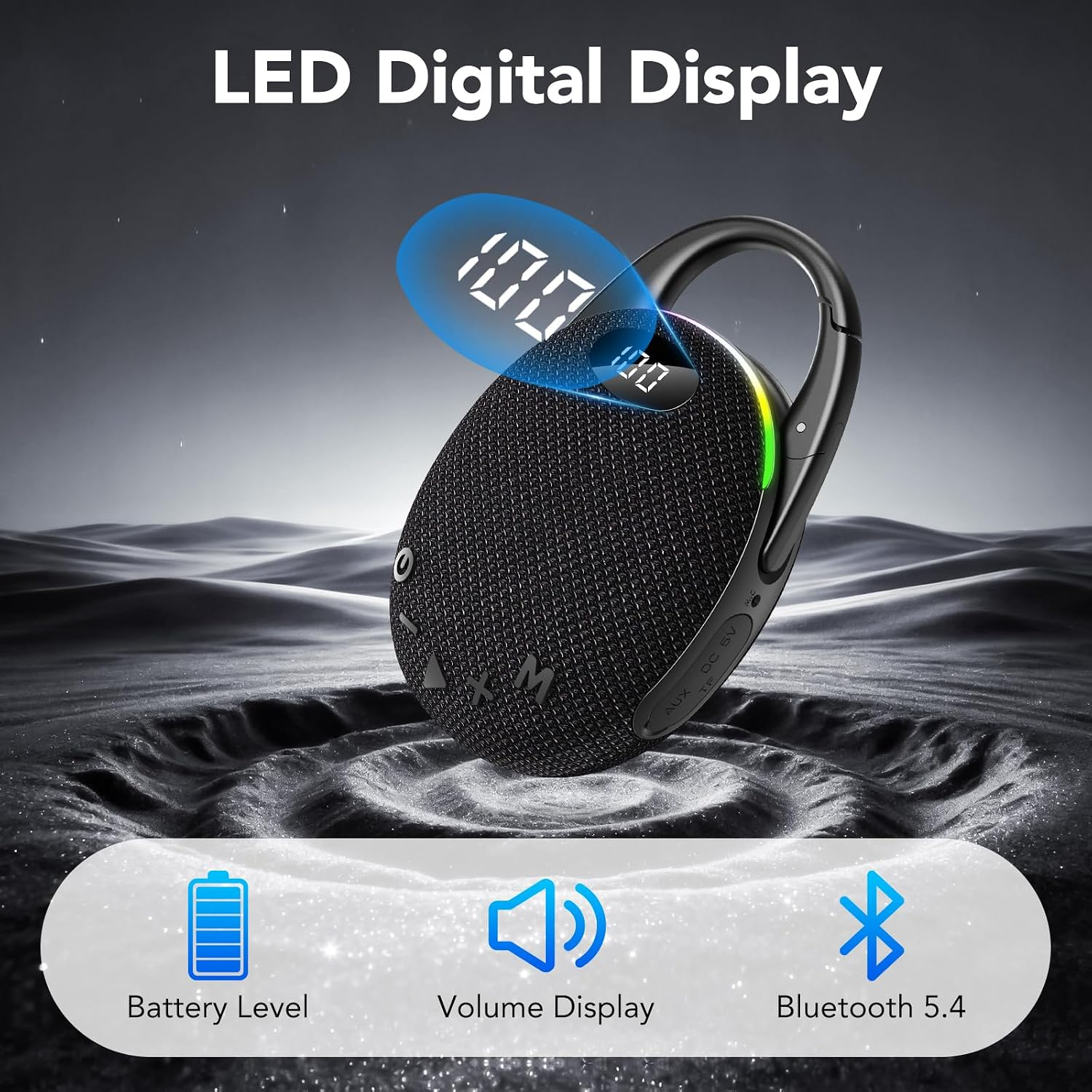 Portable Mini Bluetooth Speaker with HD Sound, LED Power Display, Big Pro Sound with Punchy Bass,Integrated Carabiner, 25H Playtime, Colorful RGB Lights, TWS pairing,Outdoor/Party/Travel