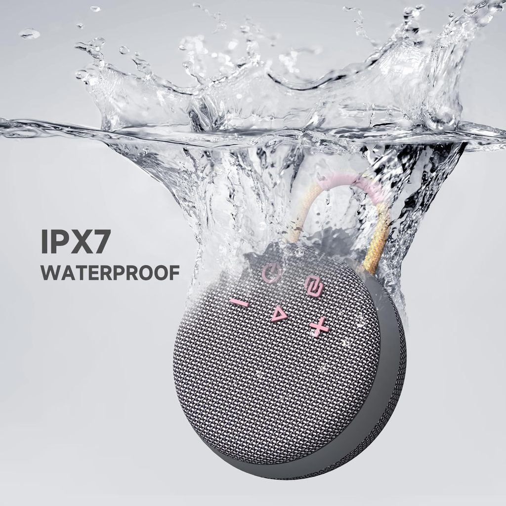 Wireless Mini Speaker – IPX7 Showerproof Audio with BT 5.3 & Clip, Durable Shell for Dorm Use, Gift Bags, Backpack Travel & Poolside Fun