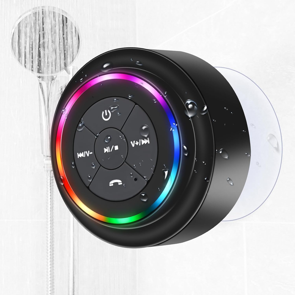 Waterproof Bluetooth Shower Speaker, Portable Wireless Speaker with Suction Cup, Small Portable Wireless Outdoor Speakers, RGB Lights, for Shower Bathroom Pool Beach, Gift Ideas for Christmas