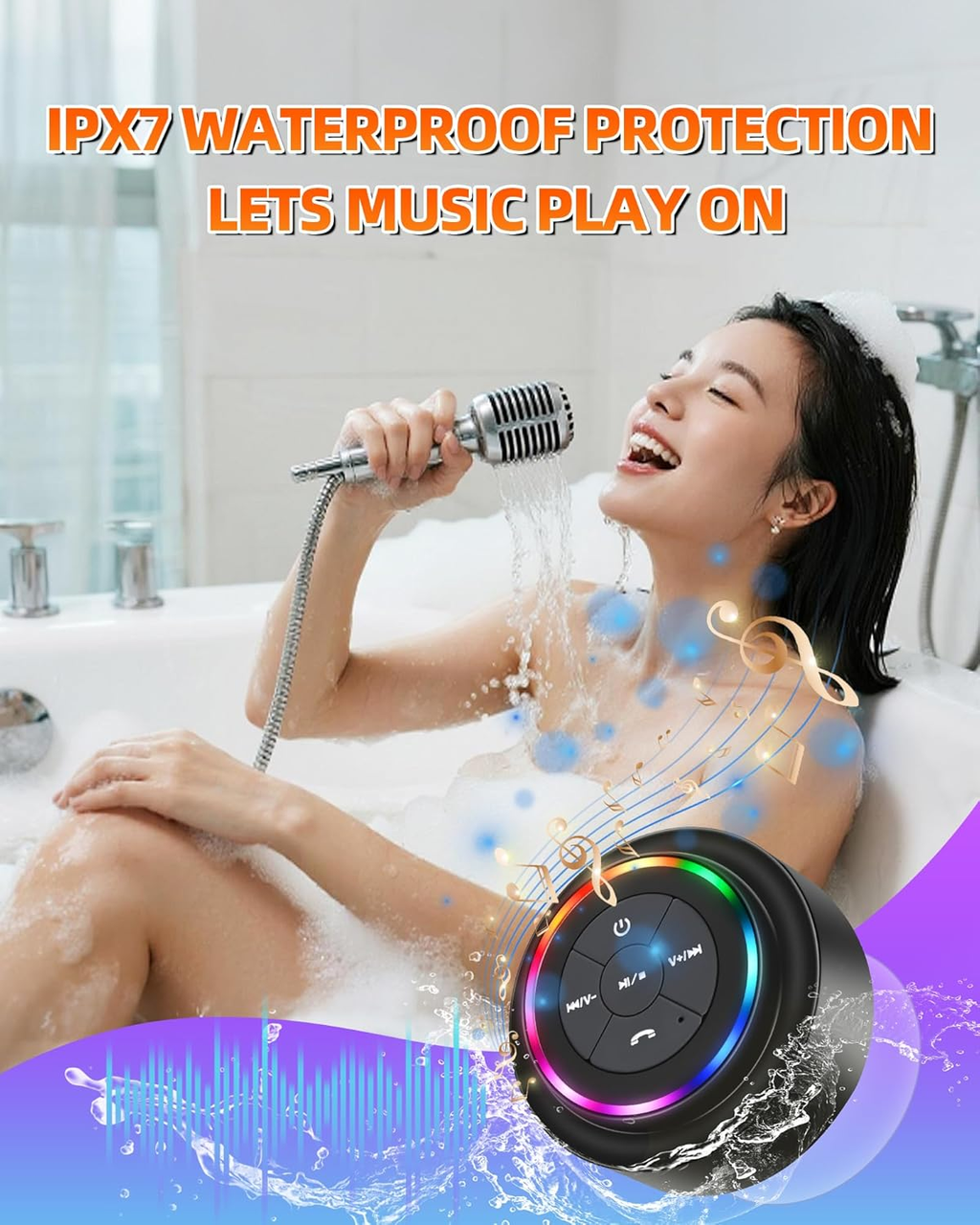 Waterproof Bluetooth Shower Speaker, Portable Wireless Speaker with Suction Cup, Small Portable Wireless Outdoor Speakers, RGB Lights, for Shower Bathroom Pool Beach, Gift Ideas for Christmas