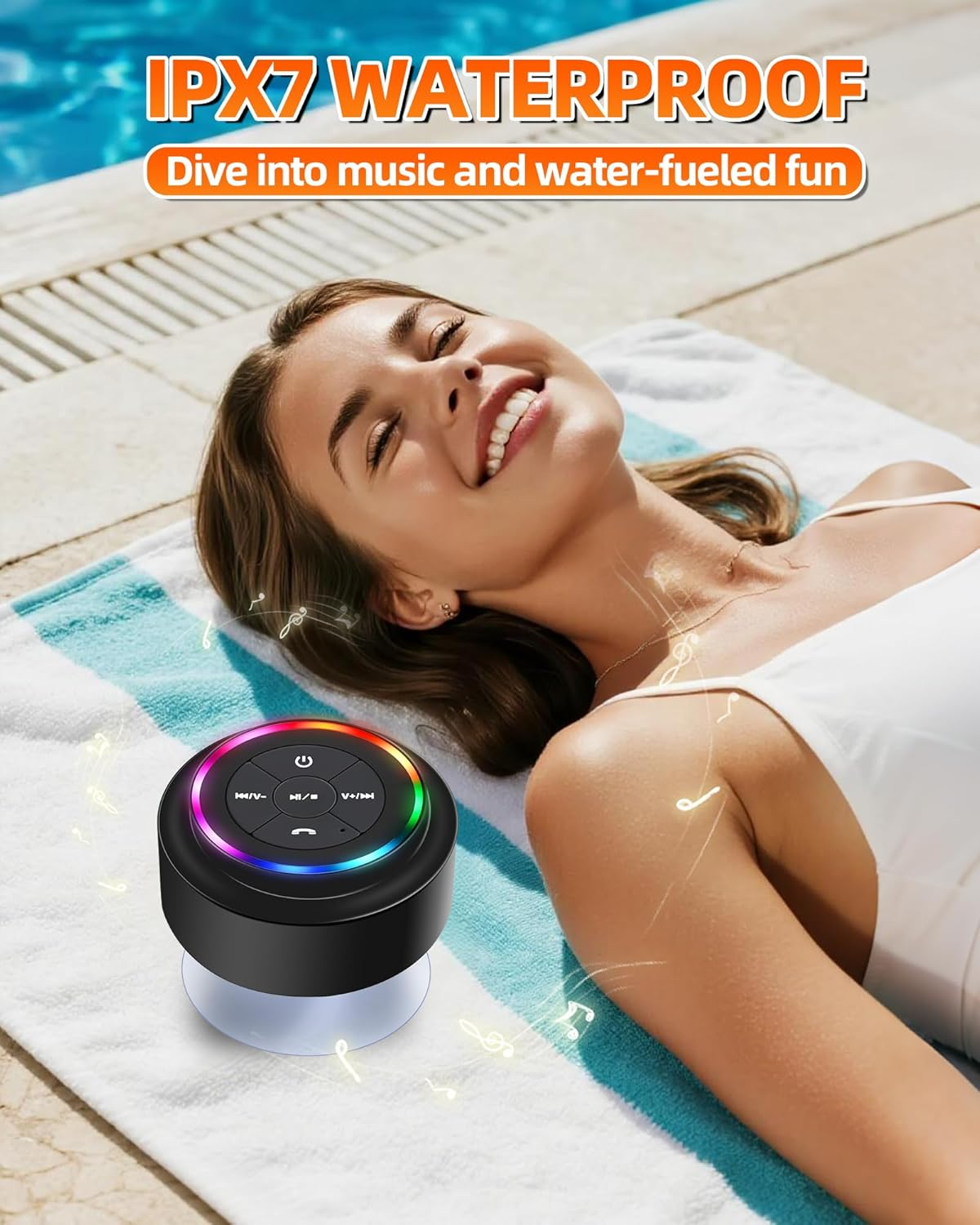 Waterproof Bluetooth Shower Speaker, Portable Wireless Speaker with Suction Cup, Small Portable Wireless Outdoor Speakers, RGB Lights, for Shower Bathroom Pool Beach, Gift Ideas for Christmas