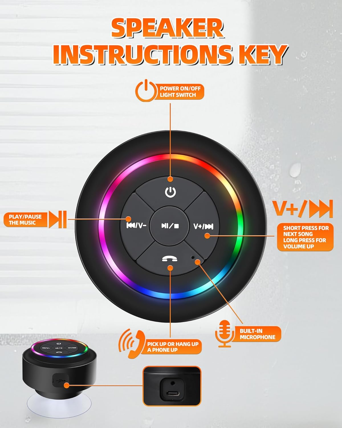 Waterproof Bluetooth Shower Speaker, Portable Wireless Speaker with Suction Cup, Small Portable Wireless Outdoor Speakers, RGB Lights, for Shower Bathroom Pool Beach, Gift Ideas for Christmas