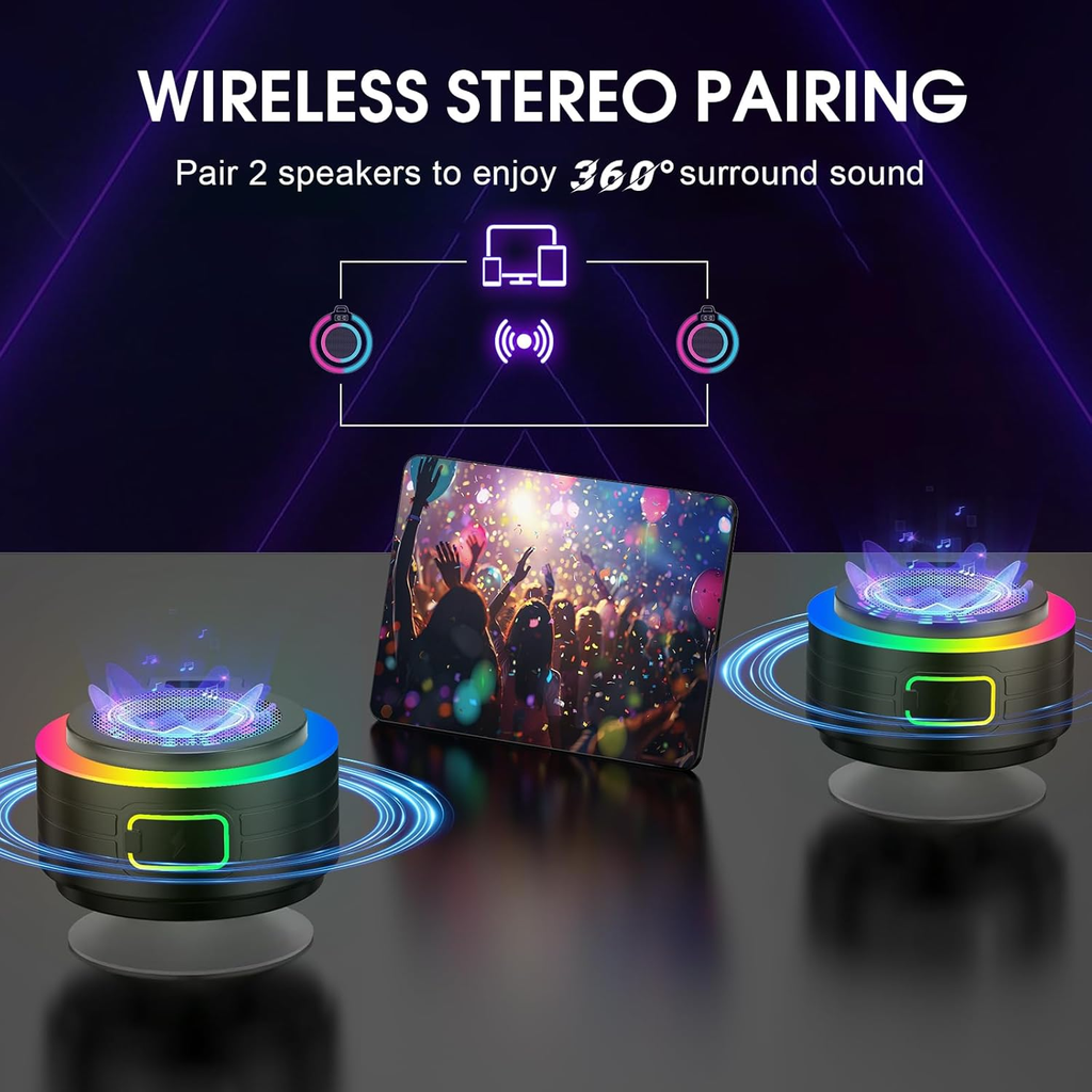 Bluetooth Shower Speaker, Portable Bluetooth Speaker Stereo Sound with Suction Cup/Lanyard, Built-in Mic, IPX7 Waterproof Wireless Speakers Bluetooth 5.4 for Bathroom/Party/Beach/Gift