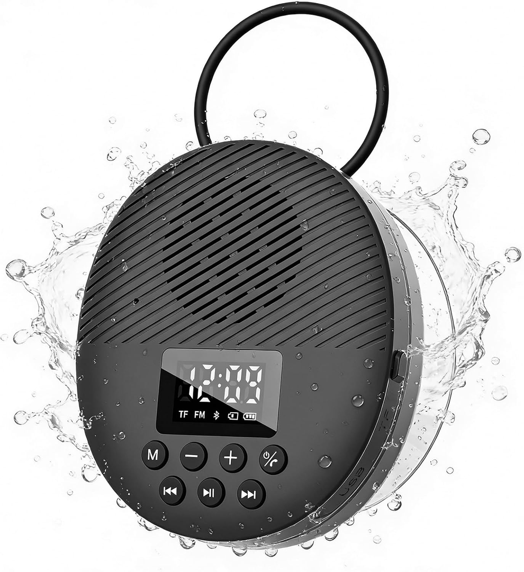 Shower Radio Speaker with Bluetooth 5.4, AGPTEK Waterproof Wireless Bathroom FM with Suction Cup 12H Long Playback Time, Lanyard, LCD Screen Display, Handsfree Calling, Storage Card Playback
