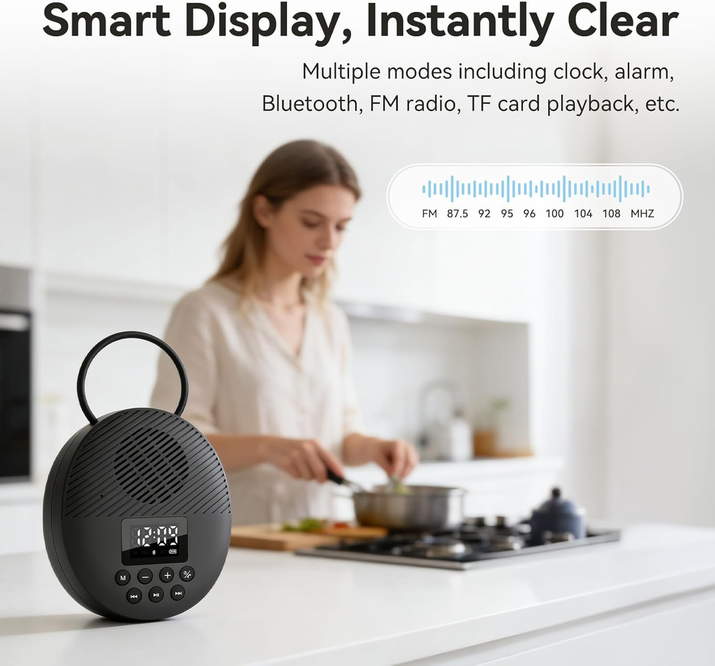 Shower Radio Speaker with Bluetooth 5.4, AGPTEK Waterproof Wireless Bathroom FM with Suction Cup 12H Long Playback Time, Lanyard, LCD Screen Display, Handsfree Calling, Storage Card Playback