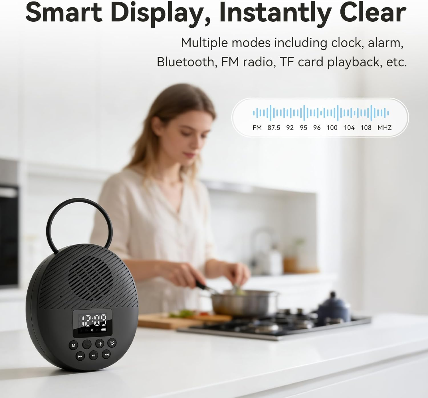 Shower Radio Speaker with Bluetooth 5.4, AGPTEK Waterproof Wireless Bathroom FM with Suction Cup 12H Long Playback Time, Lanyard, LCD Screen Display, Handsfree Calling, Storage Card Playback