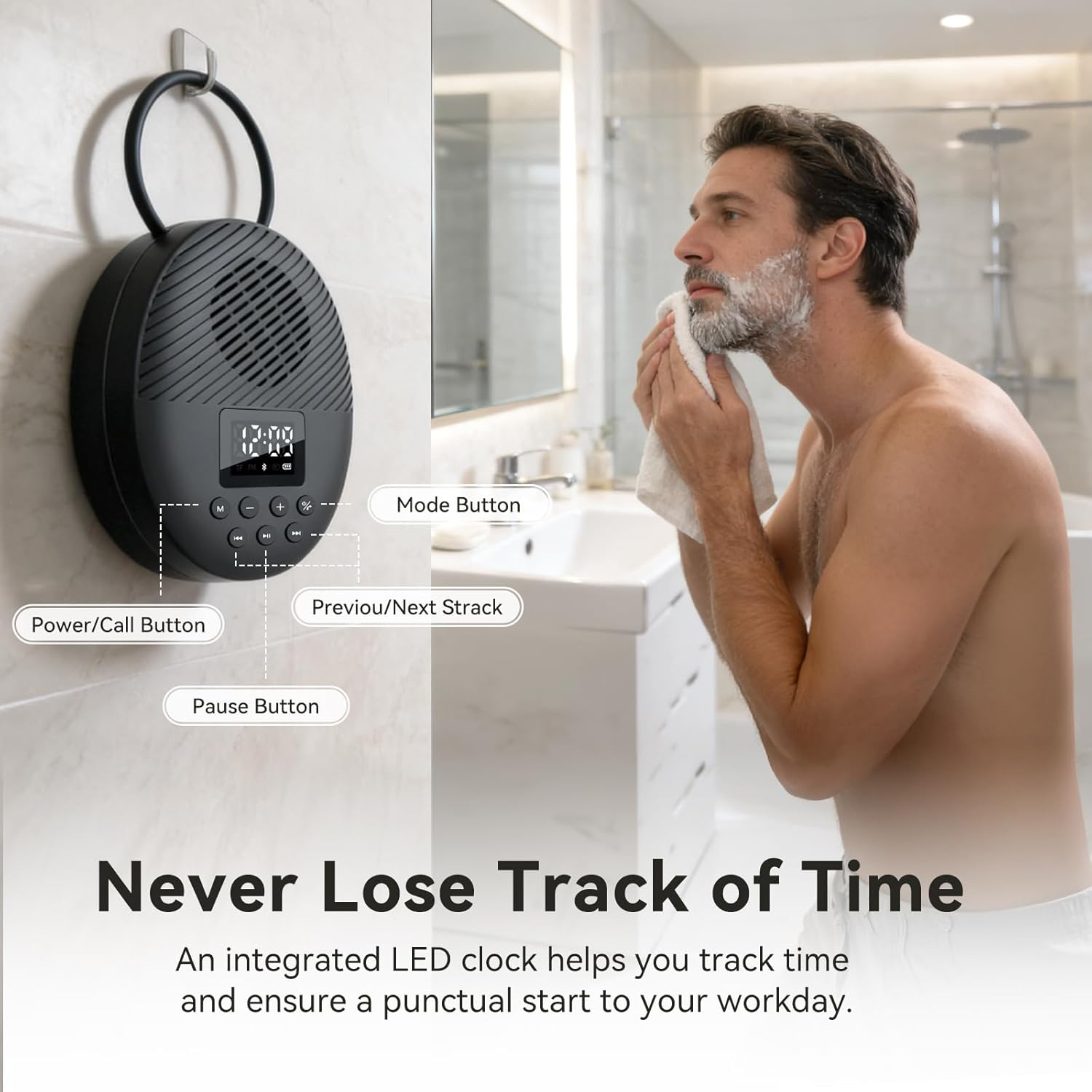 Shower Radio Speaker with Bluetooth 5.4, AGPTEK Waterproof Wireless Bathroom FM with Suction Cup 12H Long Playback Time, Lanyard, LCD Screen Display, Handsfree Calling, Storage Card Playback