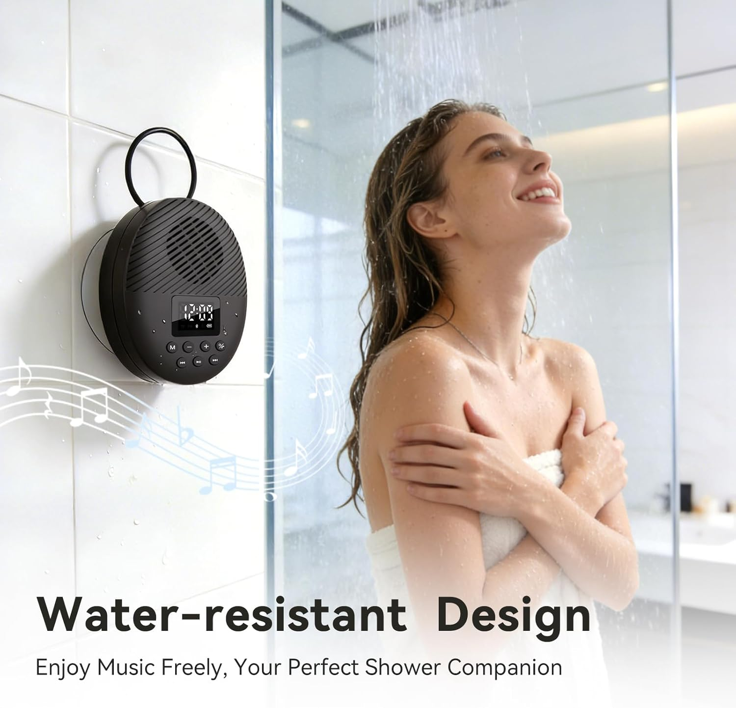 Shower Radio Speaker with Bluetooth 5.4, AGPTEK Waterproof Wireless Bathroom FM with Suction Cup 12H Long Playback Time, Lanyard, LCD Screen Display, Handsfree Calling, Storage Card Playback