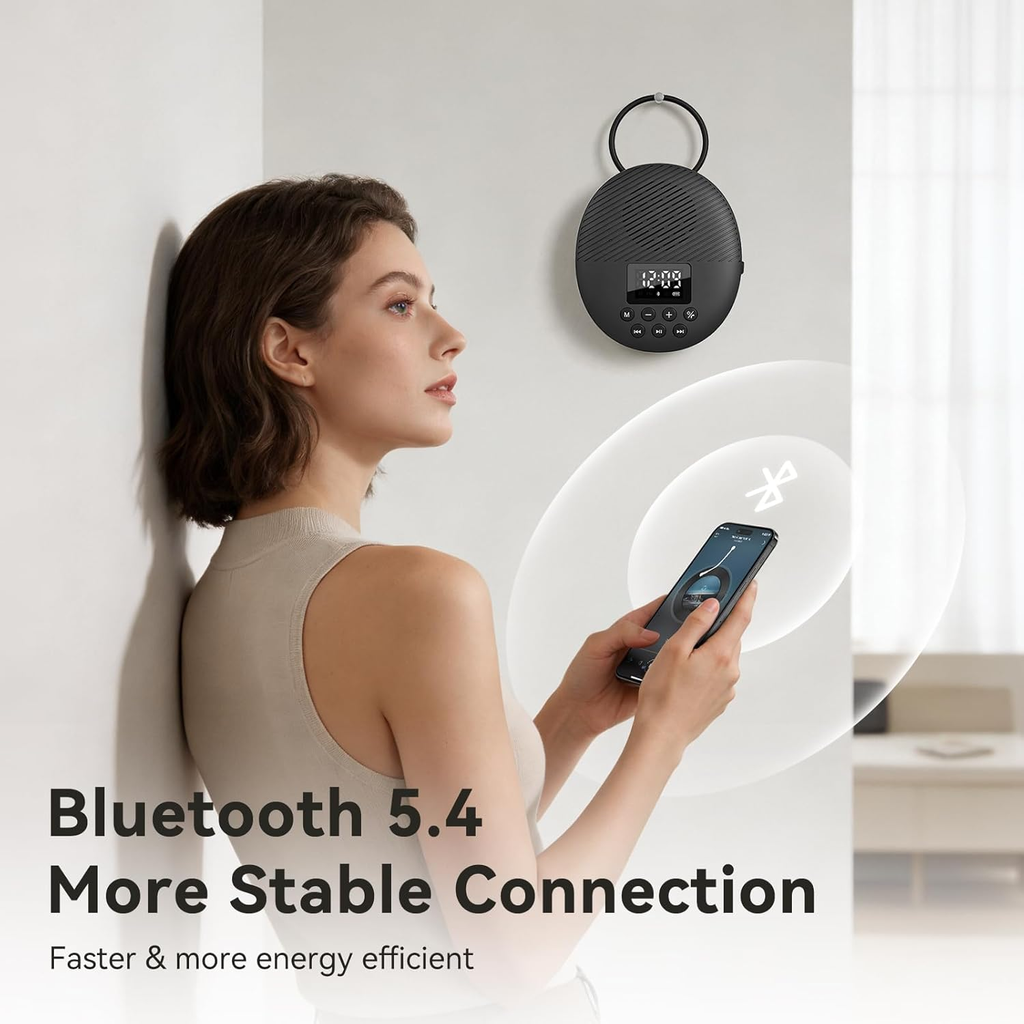 Shower Radio Speaker with Bluetooth 5.4, AGPTEK Waterproof Wireless Bathroom FM with Suction Cup 12H Long Playback Time, Lanyard, LCD Screen Display, Handsfree Calling, Storage Card Playback