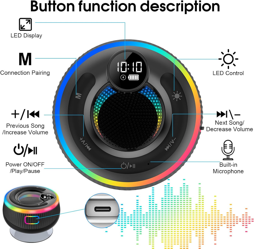Bluetooth Speaker, Shower Speaker Stereo Sound, IPX7 Waterproof Speakers, Digital Display Portable Speaker with Suction Cup, LED Light, Small Wireless Speakers for Outdoor Party Beach Bathroom