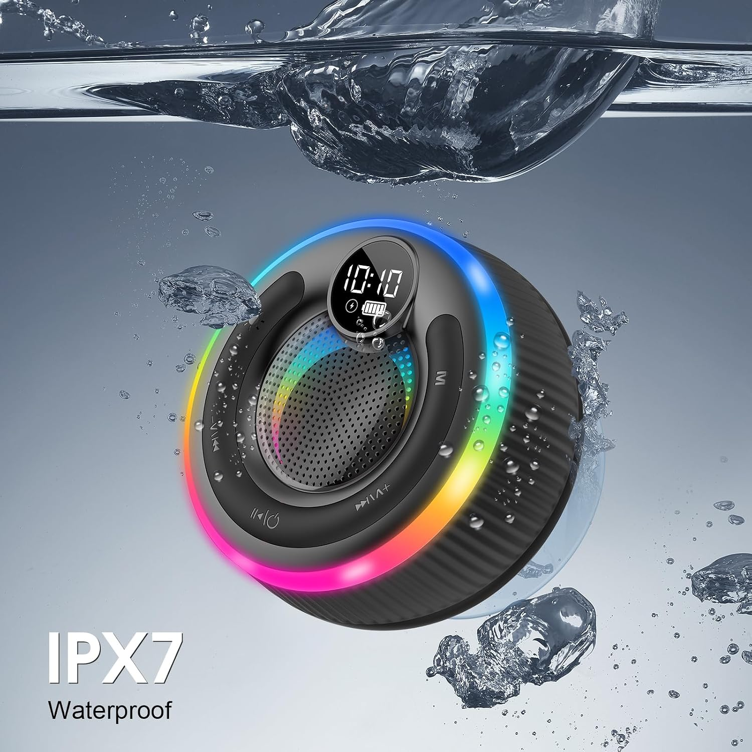 Bluetooth Speaker, Shower Speaker Stereo Sound, IPX7 Waterproof Speakers, Digital Display Portable Speaker with Suction Cup, LED Light, Small Wireless Speakers for Outdoor Party Beach Bathroom