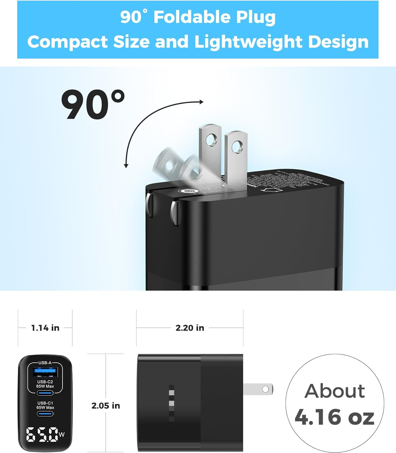 65W USB C Charger Block with Led Display, 3 Ports GaN Wall Charger Foldable Compact Type C Fast Charging for MacBook iPad Pro/Air, iPhone 17/16 Pro/Pro Max, for Samsung Galaxy S25/S24