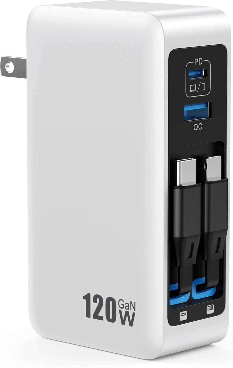 120W USB C Charger Block with 2 Built-in Retractable Cables,4-in-1 GaN IV Foldable Plug Wall Charger Fast Charging Station,PD 65W Laptop Adapter for MacBook/iPad,iPhone 17/16/15/14,Galaxy,Android