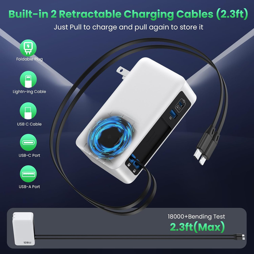 120W USB C Charger Block with 2 Built-in Retractable Cables,4-in-1 GaN IV Foldable Plug Wall Charger Fast Charging Station,PD 65W Laptop Adapter for MacBook/iPad,iPhone 17/16/15/14,Galaxy,Android