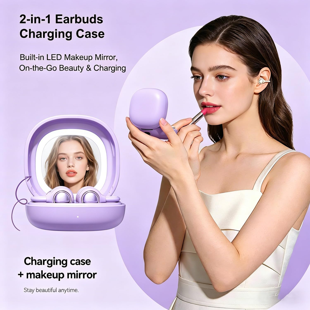 2-in-1 Earbuds Set with Makeup Mirror, Invisible Sleep Earbuds & Open-Ear Clip On Headphones, Bluetooth 5.4, 48H Playtime, ENC Mic, IPX4 Waterproof for Small Ears Work Sleep Sports